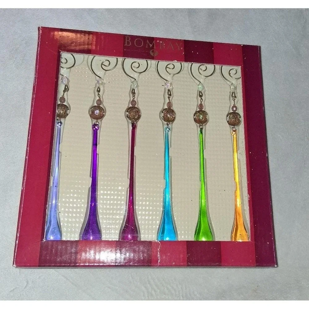 Bombay Company Glass Teardrop Christmas Ornaments Set of 6 Jewel Tone Boxed